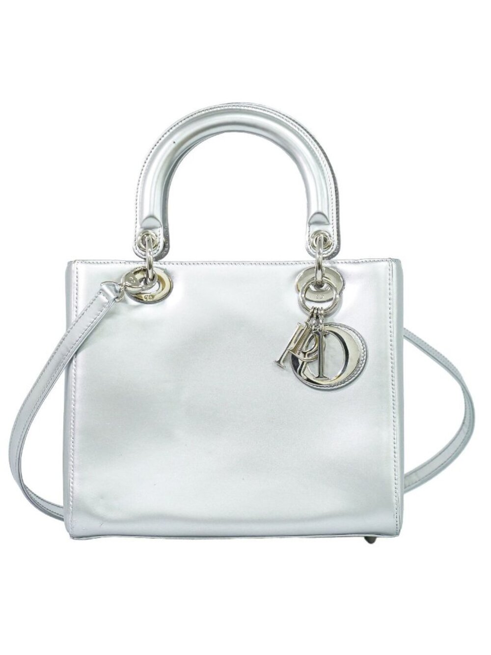 Dior Lady Medium 2-Way Shoulder Bag Leather Silver